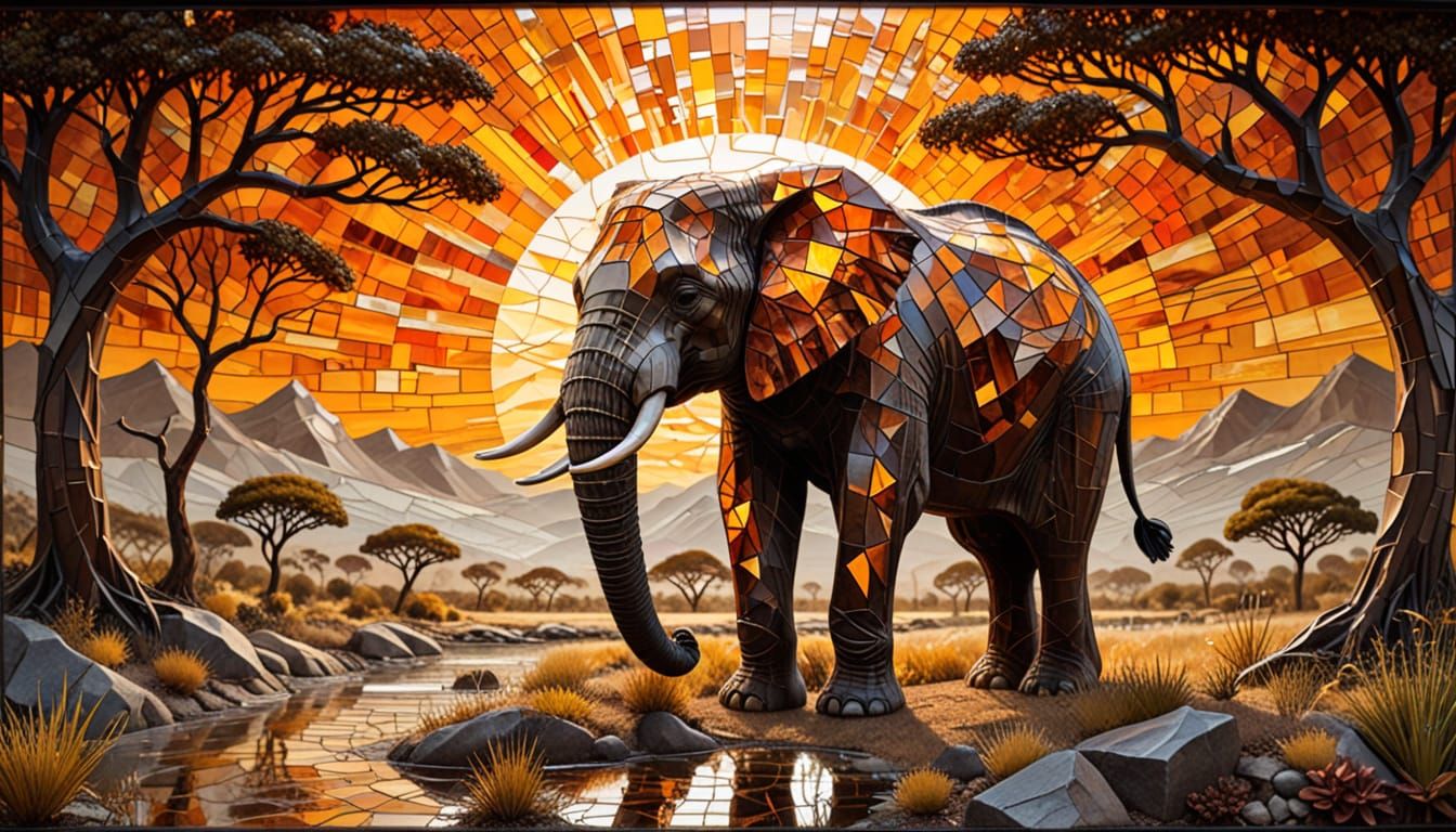 Glass African Landscape with Amber Elephant