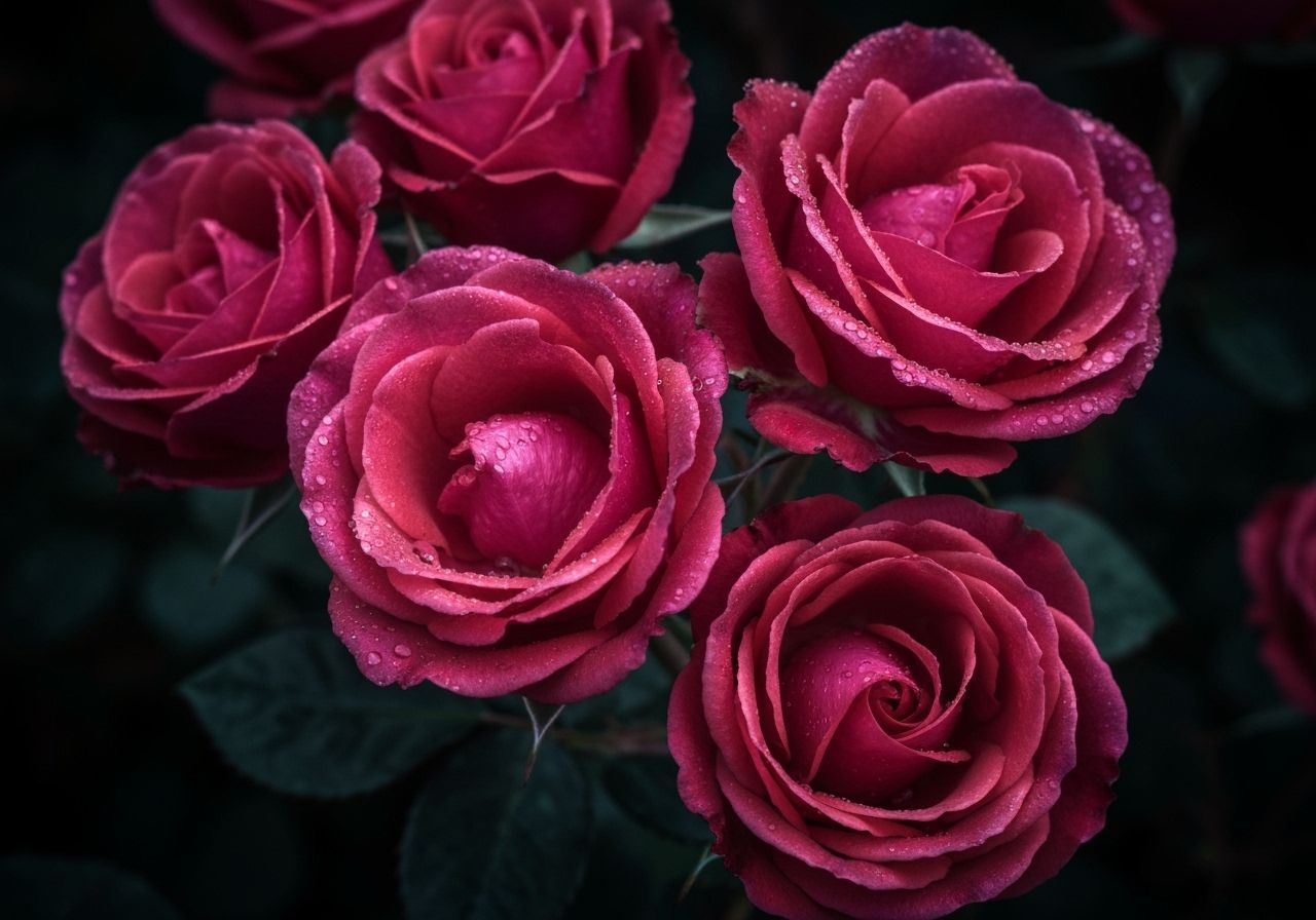 Dramatic Dark Pink Roses with Morning Dew