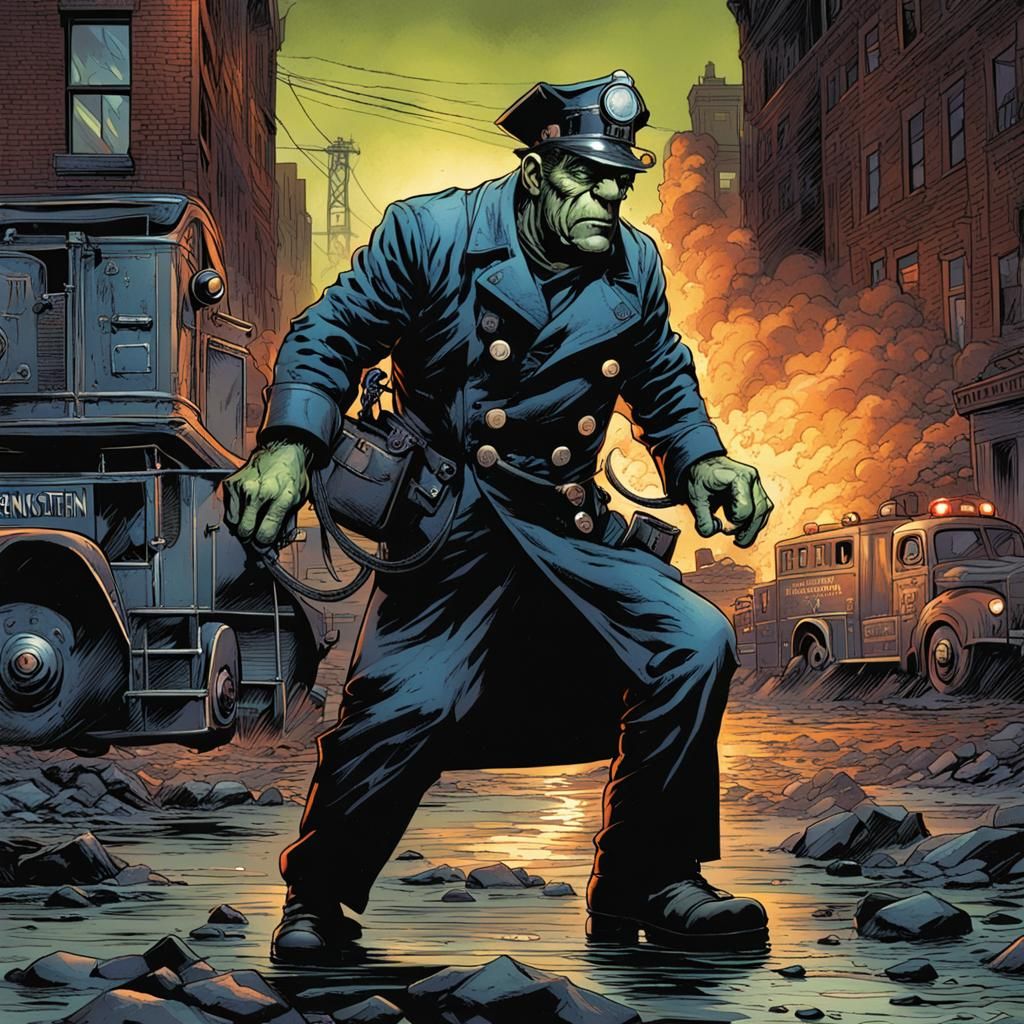 Frankenstein's Monster as NYC Fireman, Comic Book Art