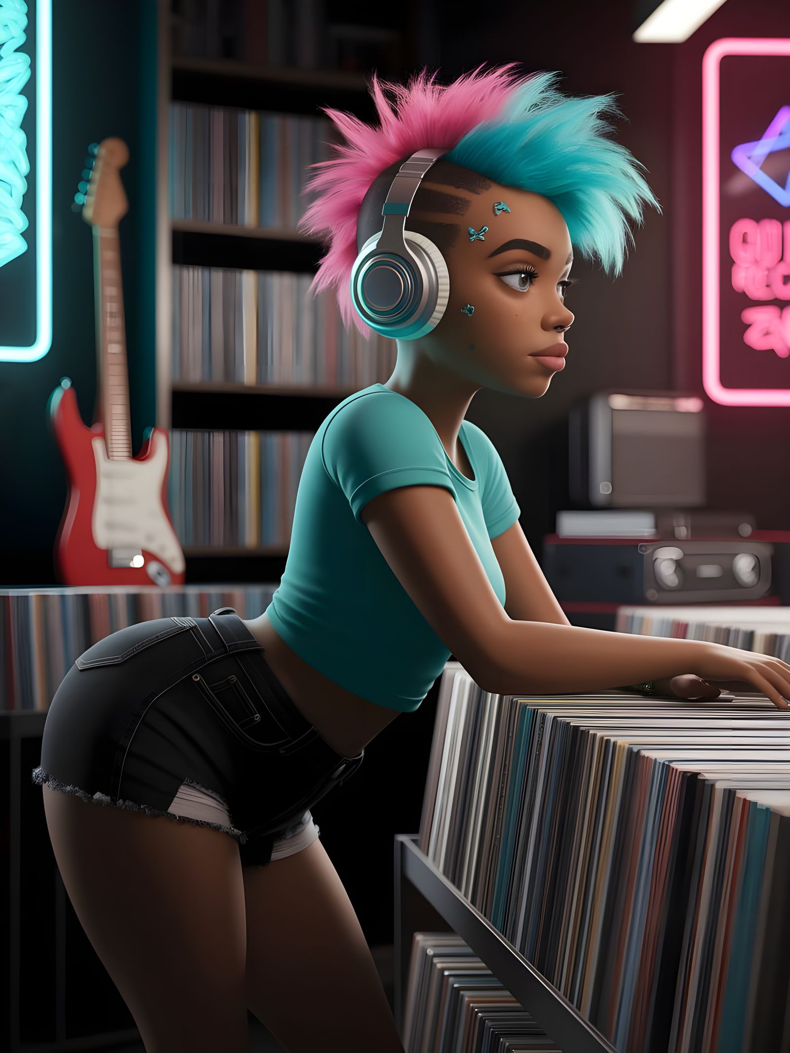 Punk Rock Woman in Record Store, Pixar Style
