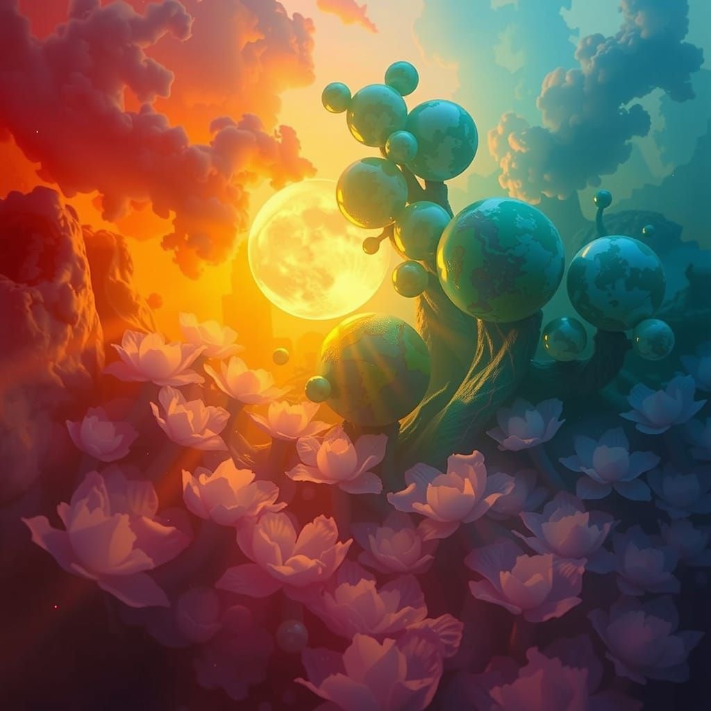 Ethereal Cosmic Blooms in Vibrant, Transcendent Urban Oasis