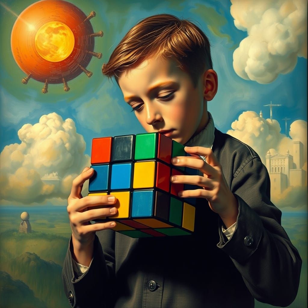 Surreal Boy Plays with Rotating Cube