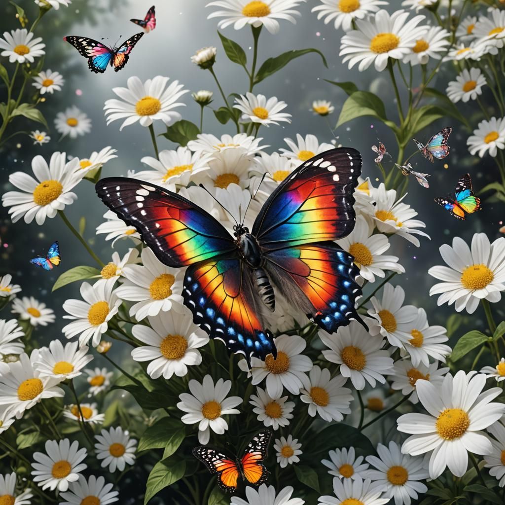 Rainbow Butterfly on White Flower: Detailed Matte Painting