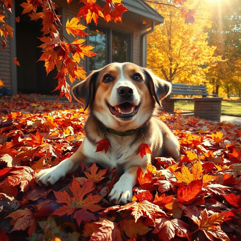 Bul'ka the Dog Joyfully Plays in Autumn Maple Leaves
