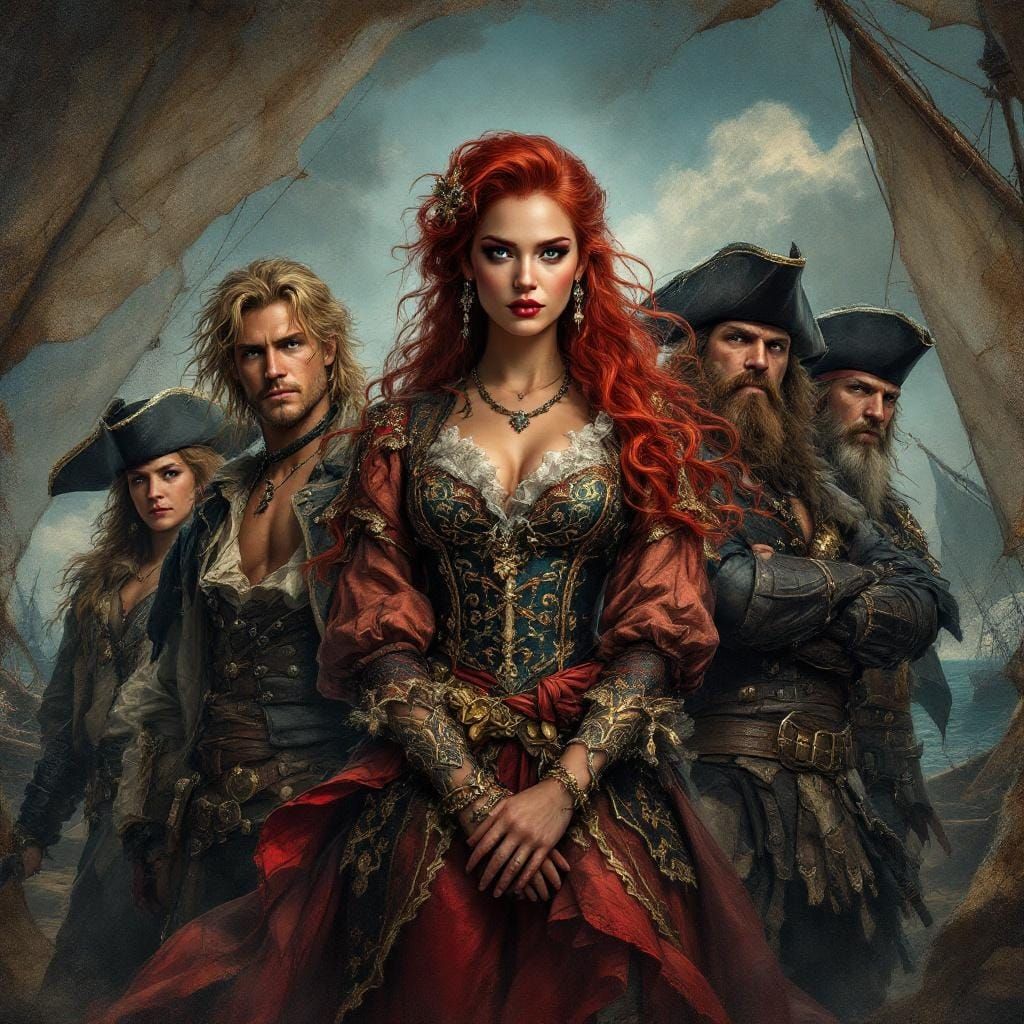 Pirate Crew Portrait in Baroque Painterly Style