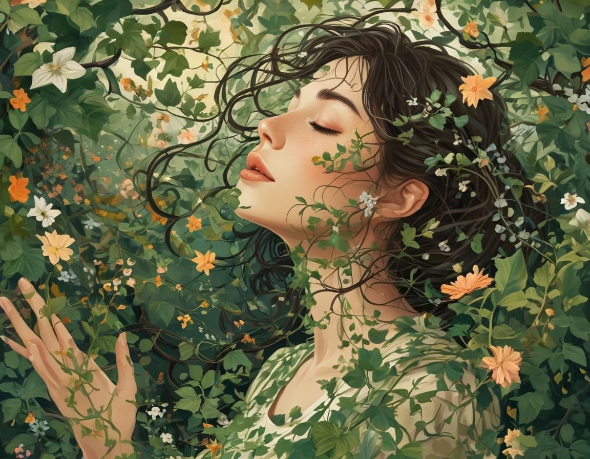 Person Enveloped in Light and Vines: Whimsical Digital Art