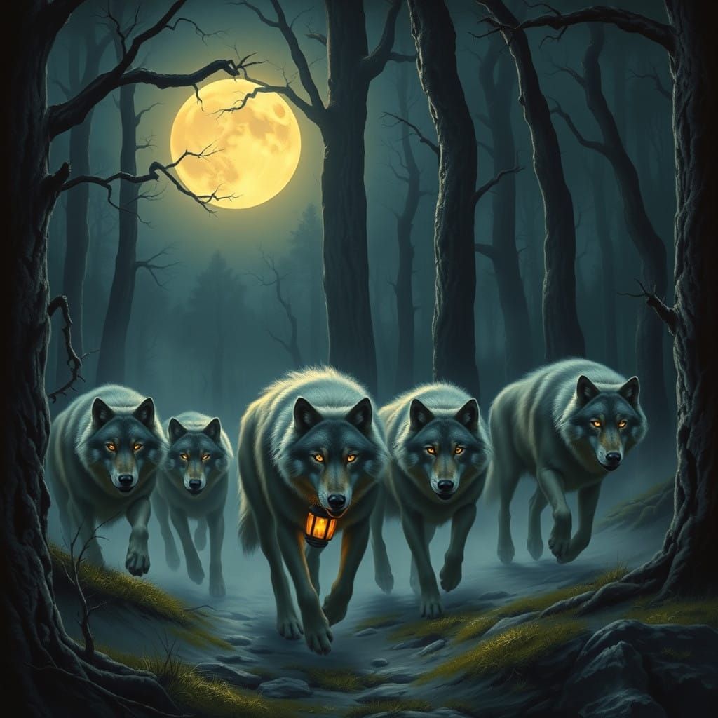 Majestic Wolves Prowl Under a Full Moonlit Forest