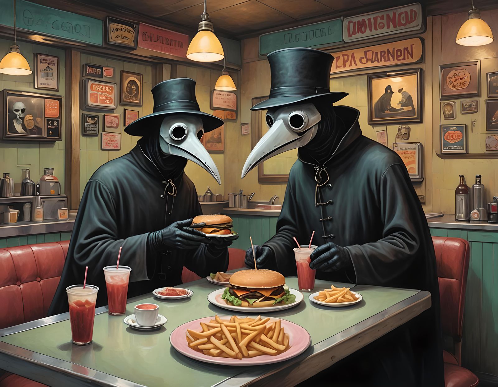 Plague Doctor and Nosferatu Share Diner Meal