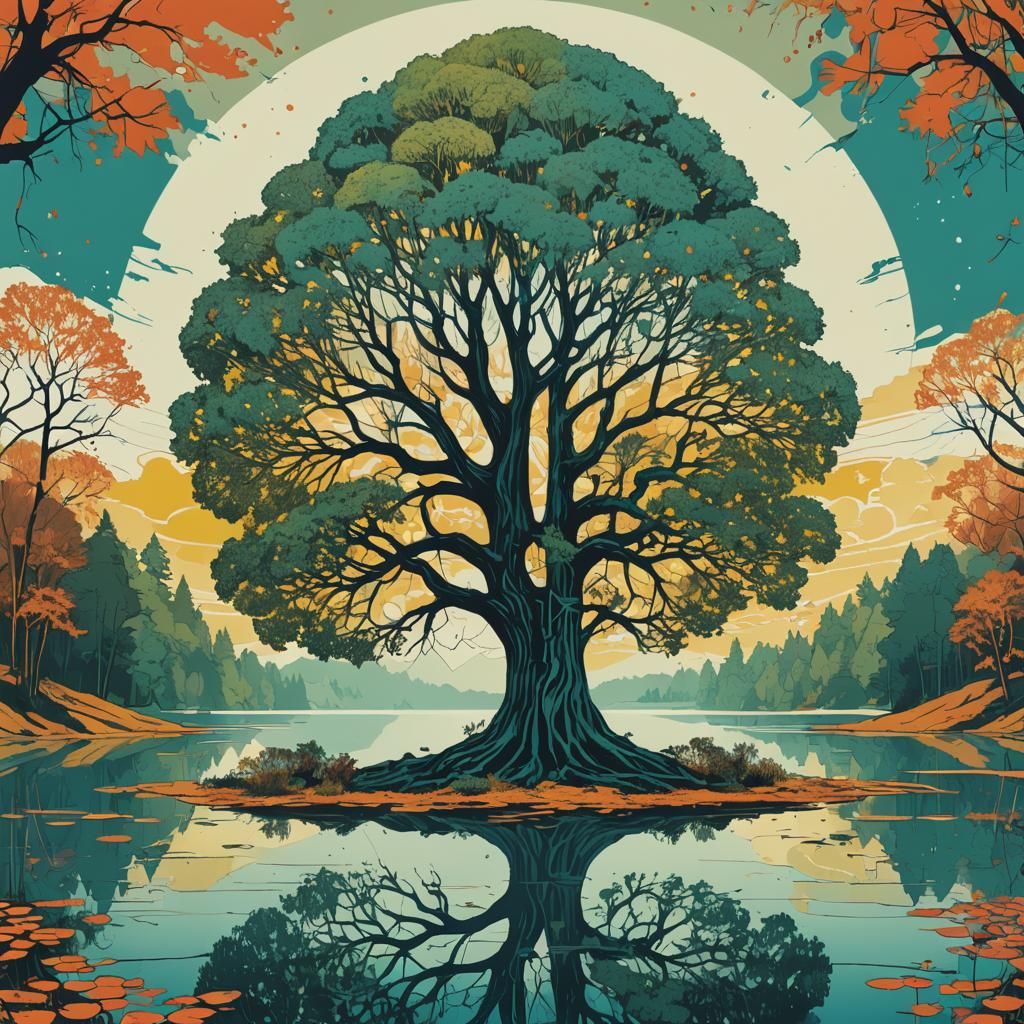 Giant Tree by Lake in Geometric Pop Art