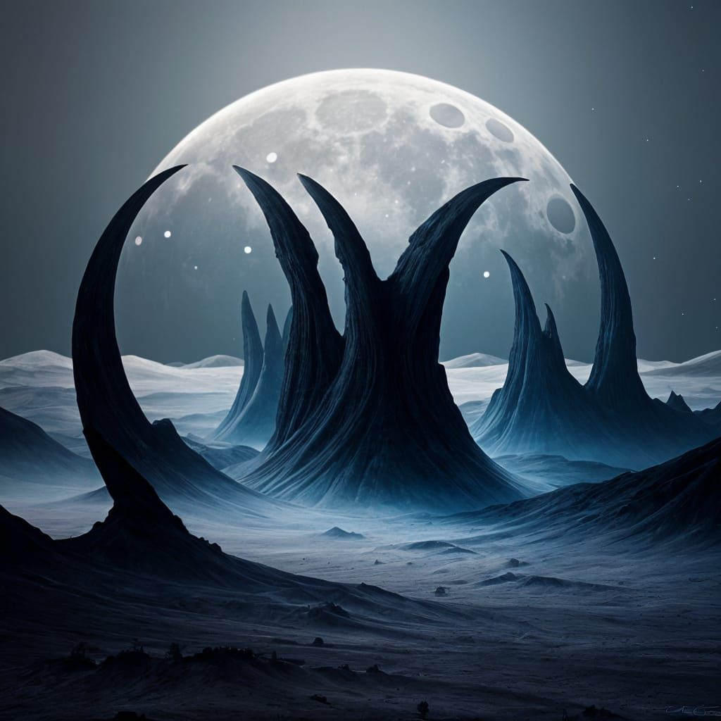 Ethereal Alien Landscape Under Crescent Moon