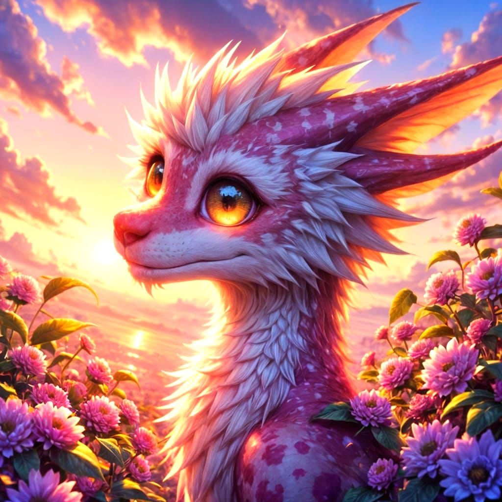 Pastel Dragon Amidst Vibrant Floral Bloom in Anime-Inspired ...