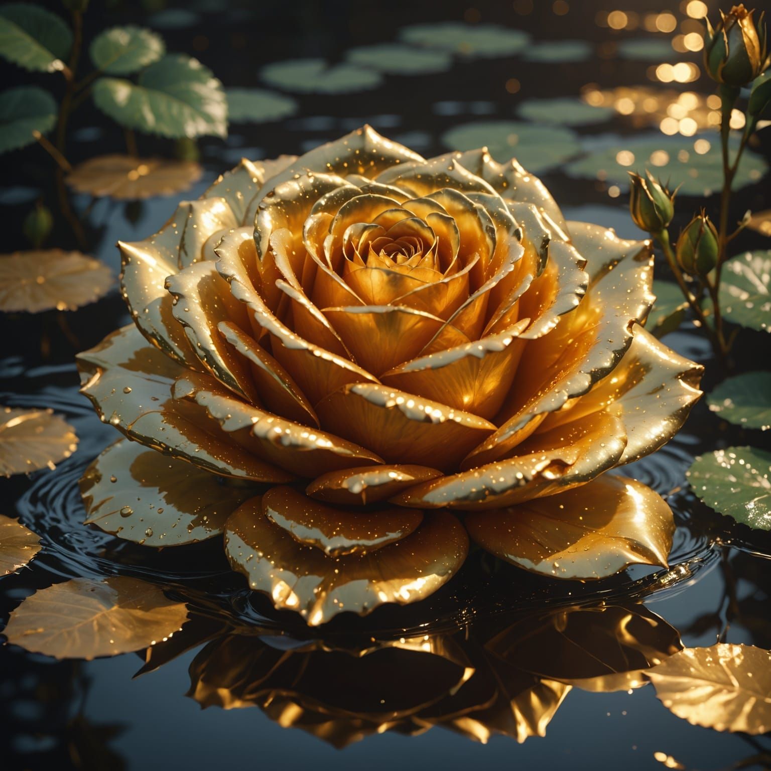 Hyper-Realistic Golden Rose Floating on Water