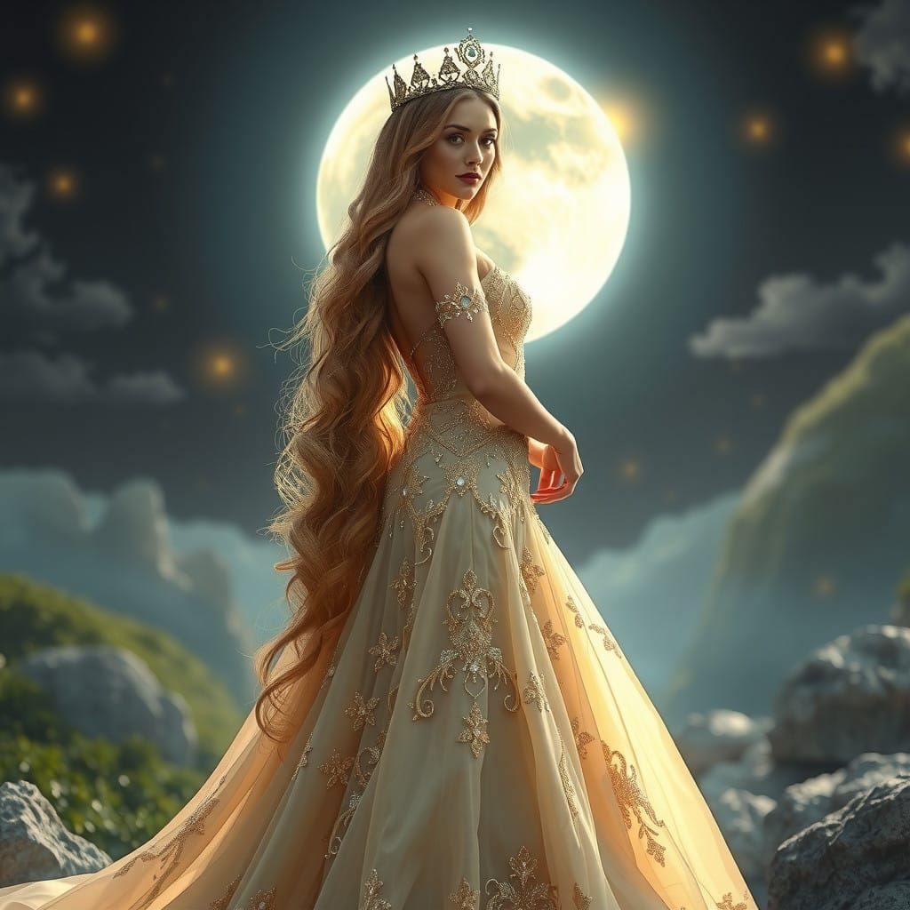 Regal Queen of the Moon in Shimmering Gold Gown