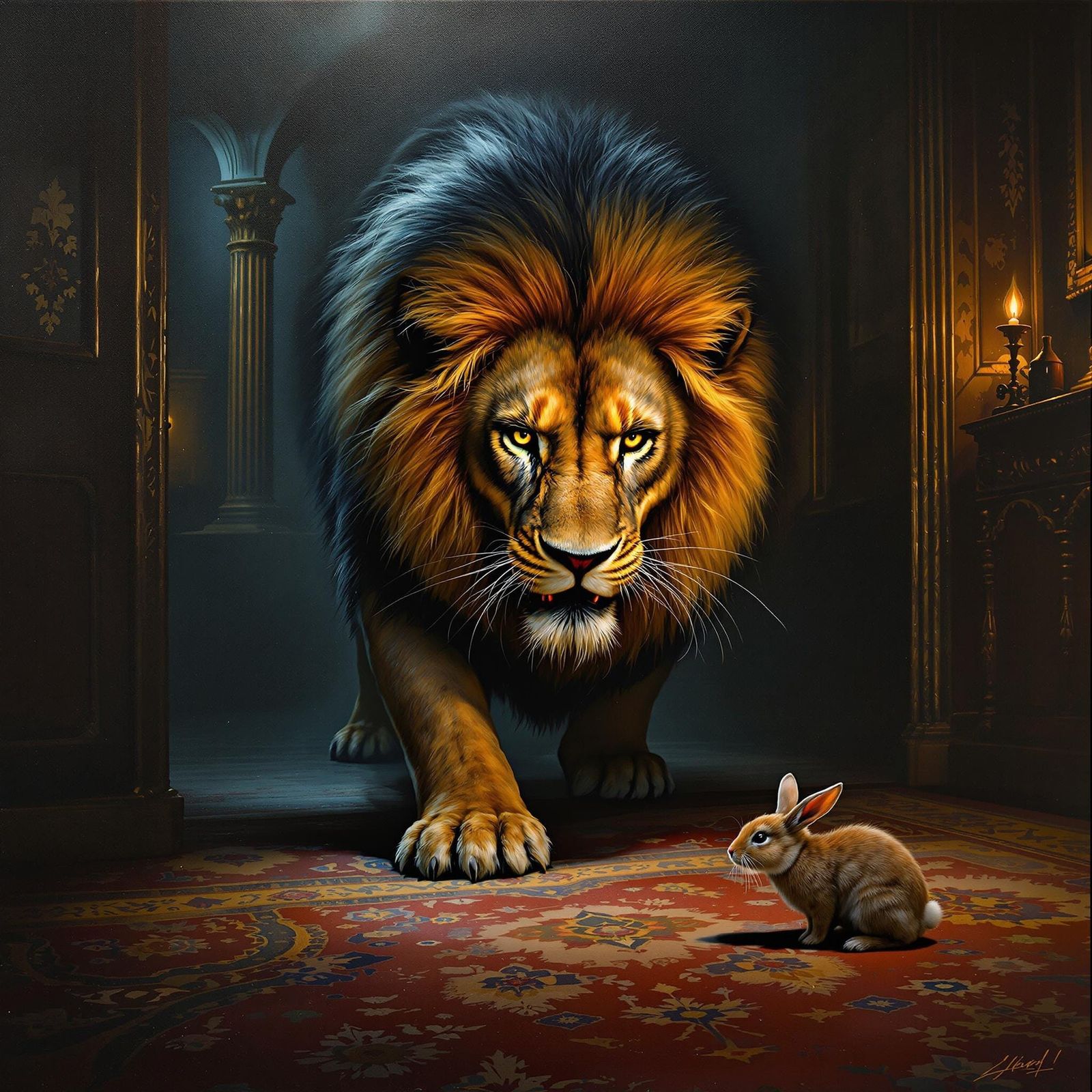 Lion Stalks Rabbit: Hyperrealistic Oil Painting