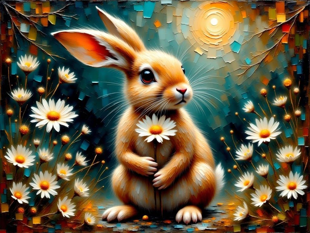 Bunny in Bold Impasto Paintings with Dark Vibrant Colors