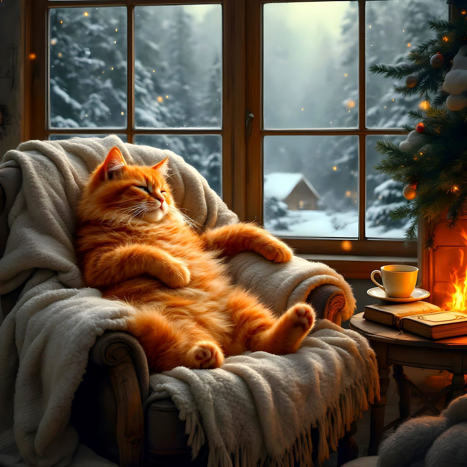 Cozy Cabin Interior with Cat in Matte Painting Style
