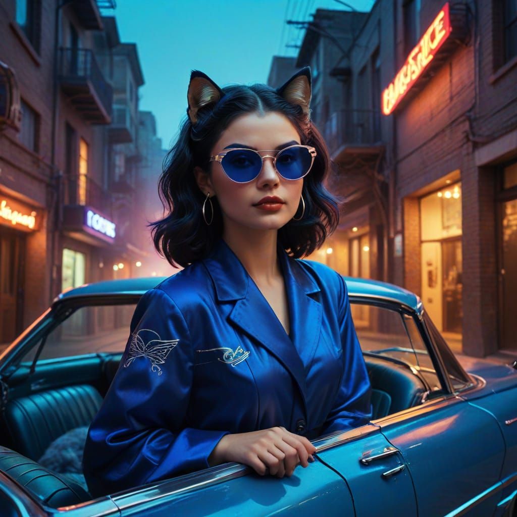 Retro Neon Noir: Woman in Sapphire Abaya