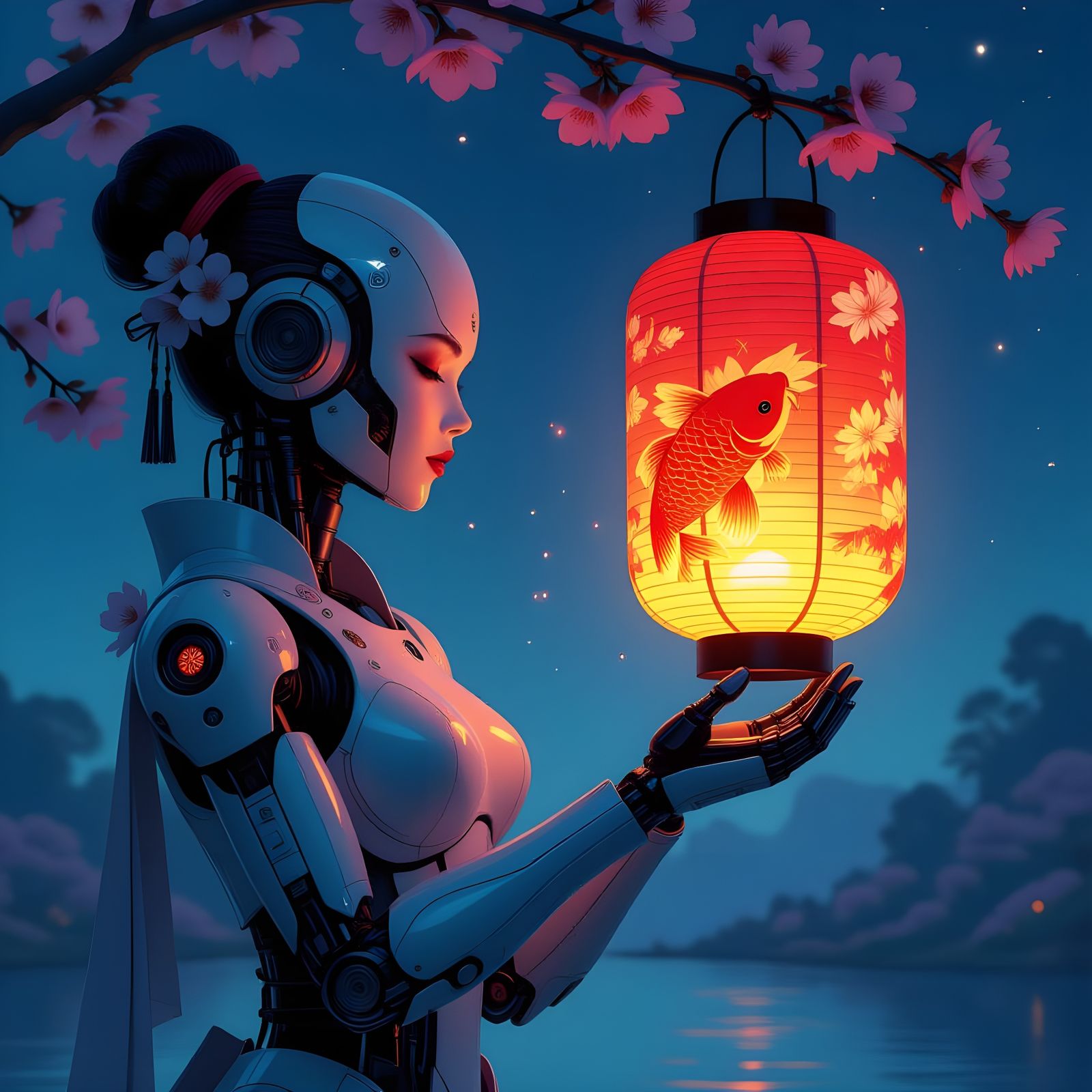 Elegant Android Offers Fiery Koi Lantern Under Noctilucent S...