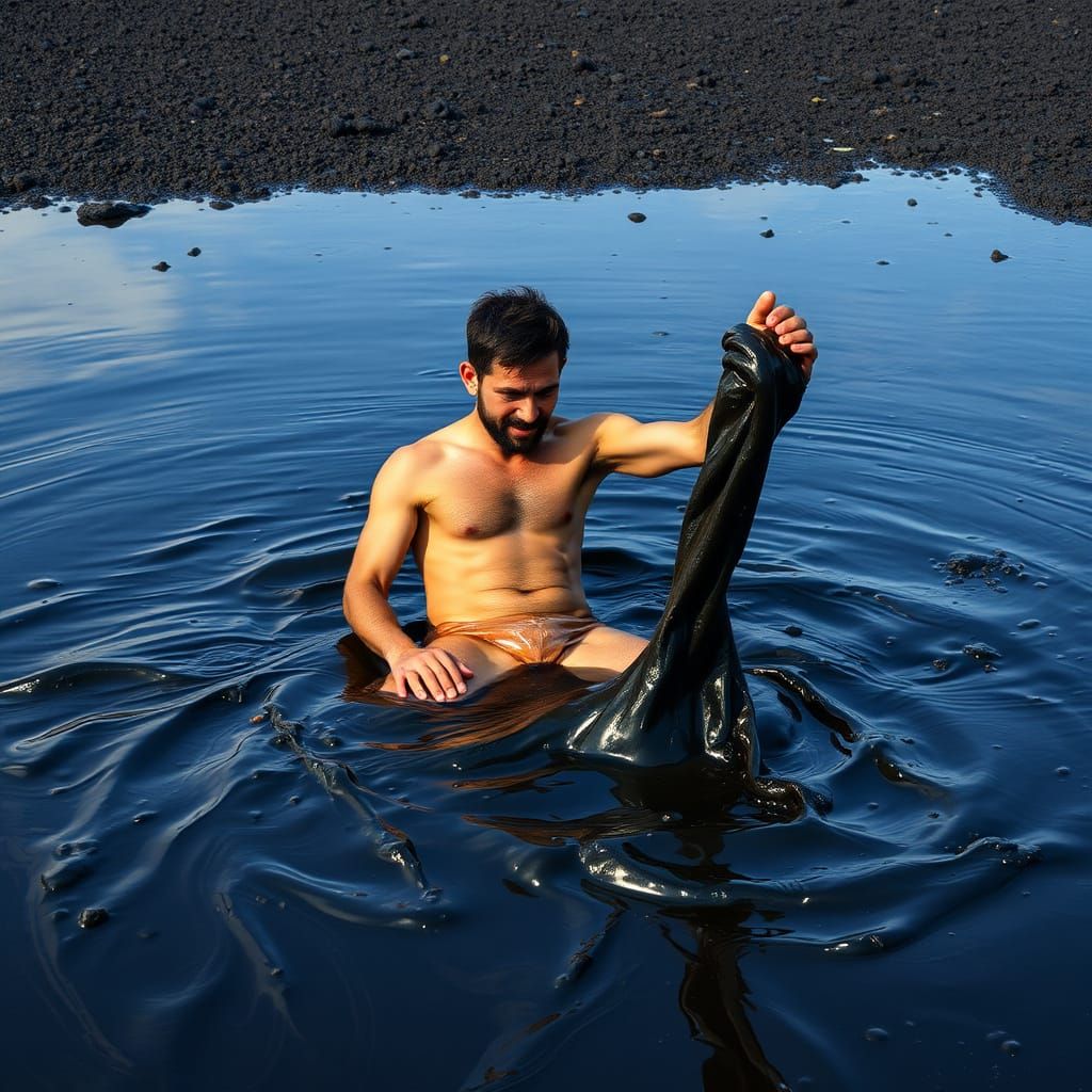 Man Struggling to Free Stuck Feet from Sticky Tar Puddle