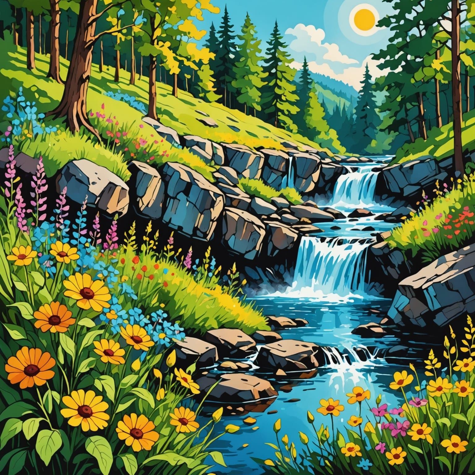 Colorful Cartoon Waterfall with Wildflowers