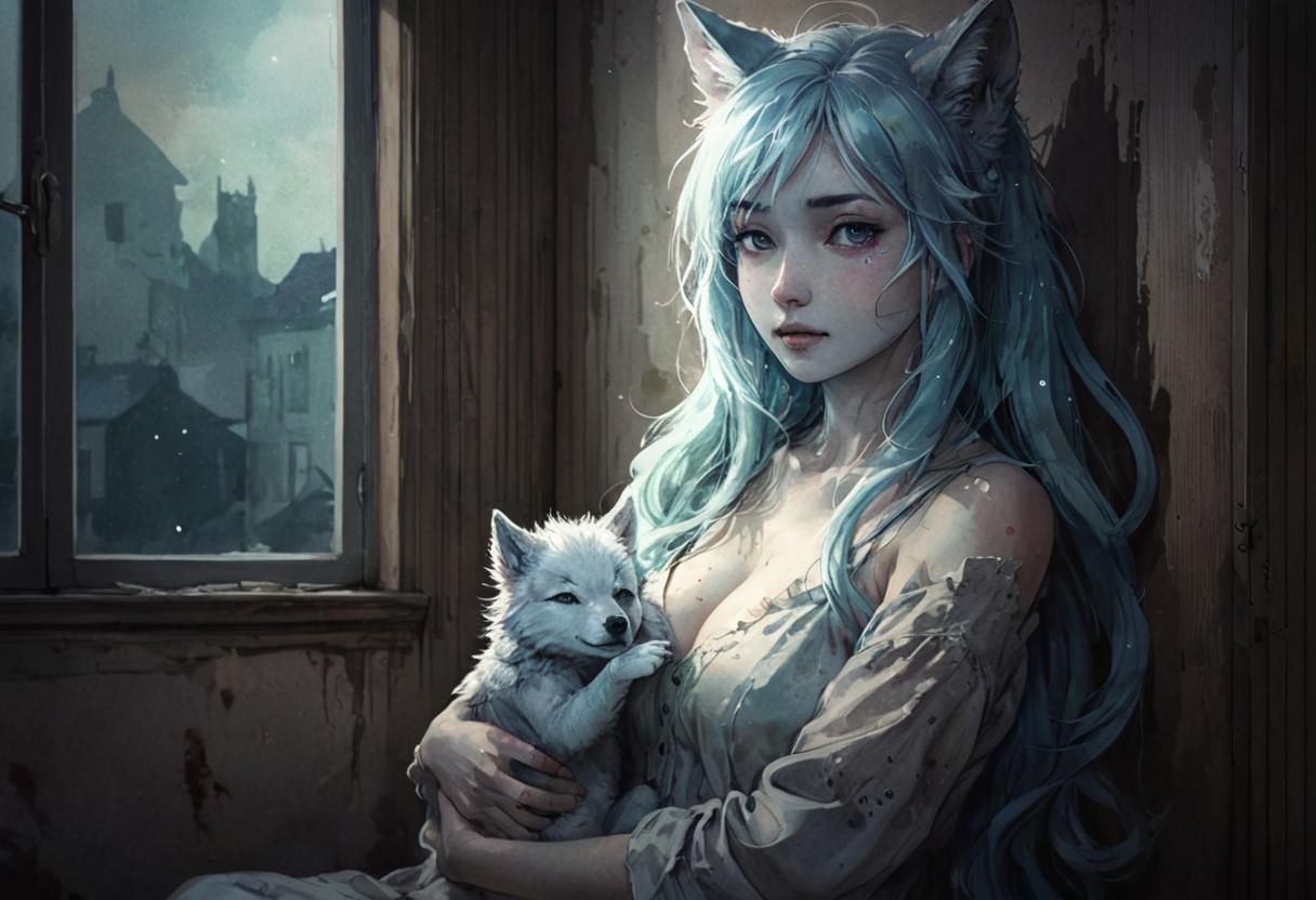 Anime Wolf Mother Breastfeeding Newborn in Dim Apartment