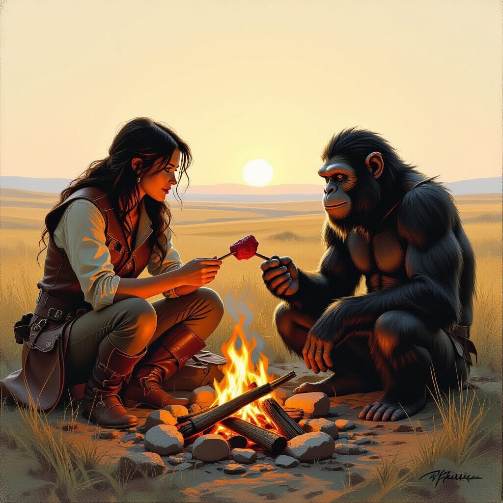 Adventurer and Gentle Apes Around Campfire