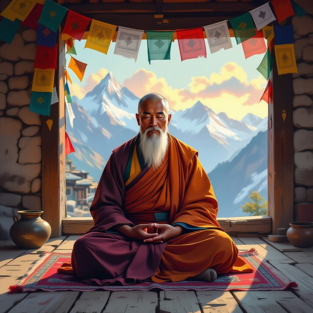 Mystical Tibetan Monk Meditating in Himalayas
