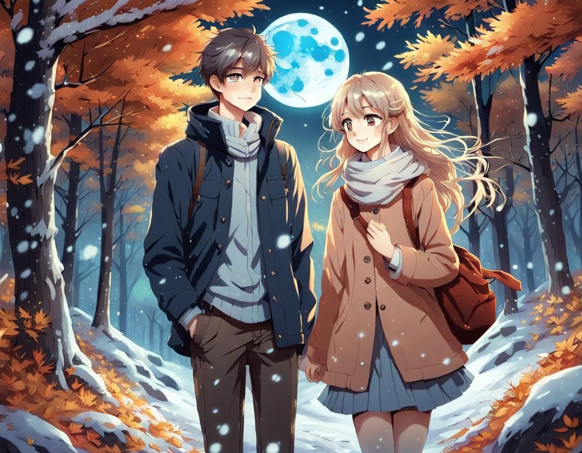 Anime Style: First Snow in Autumn Woods