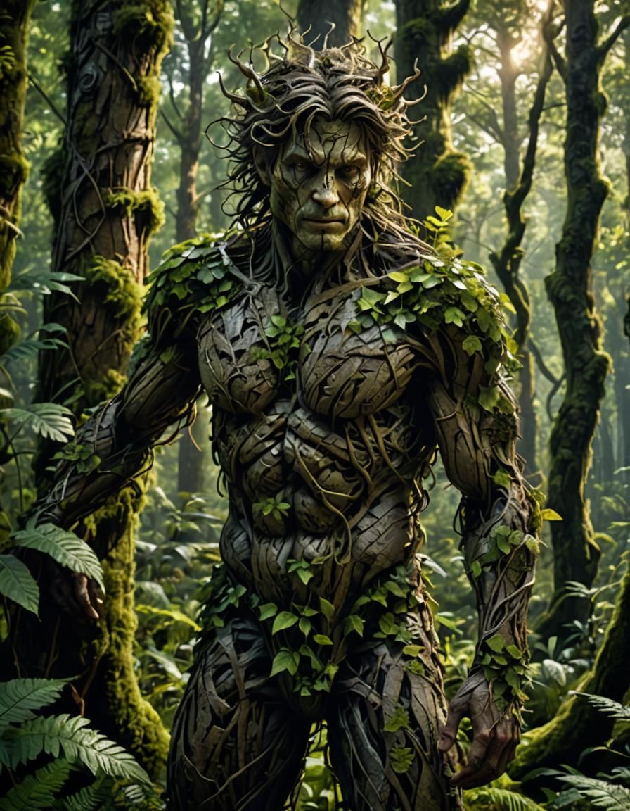 A figure emerging from a forest, with parts of their body se...