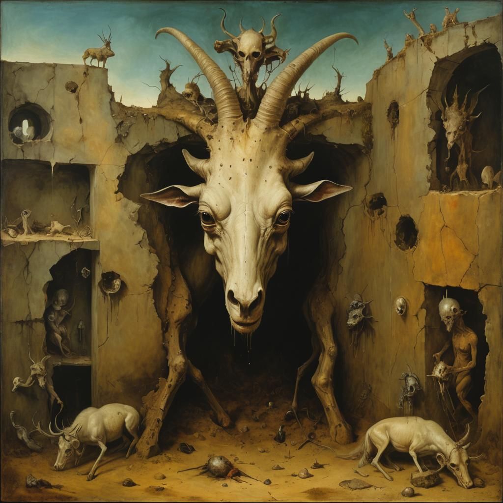 Surreal Antelope-Headed Man in Decaying Ruins