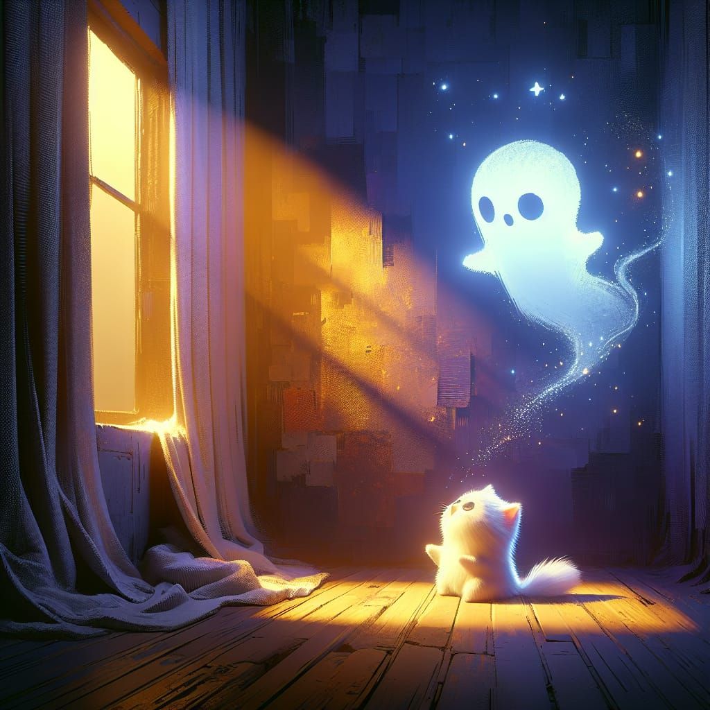 Playful Ghost and Cat in Midnight Room