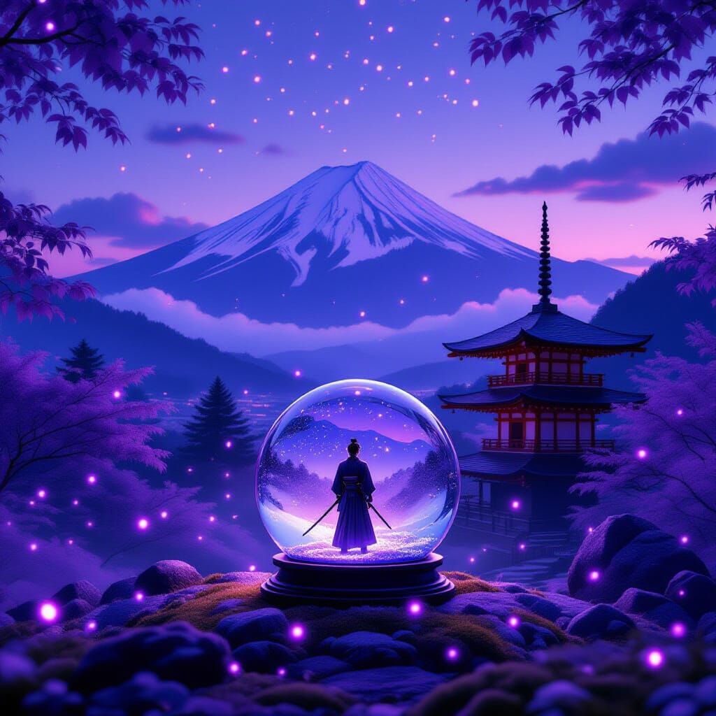Twilight Purple Mountain Range with Samurai Snow Globe