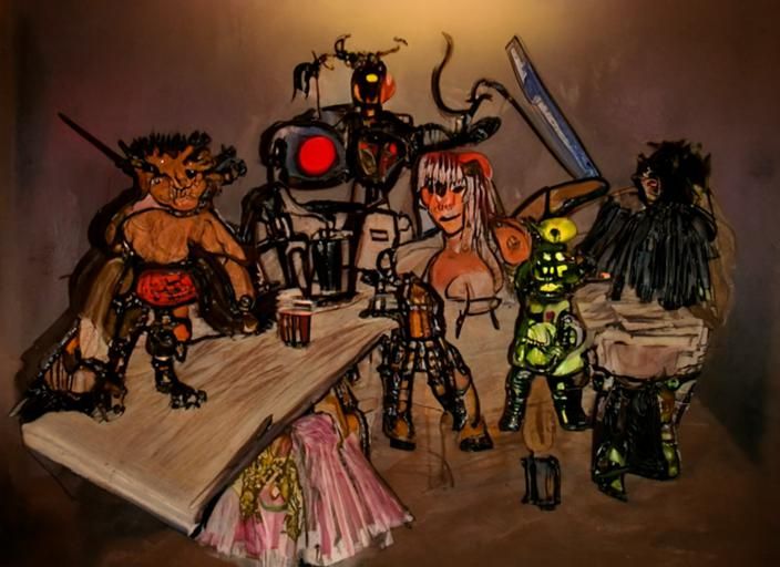 Fantasy Bar Scene with Devil, Hamster, and Robots