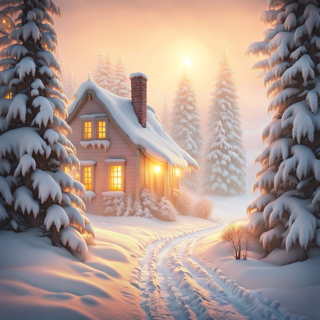 Magical Winter House Path in Sunset Glow