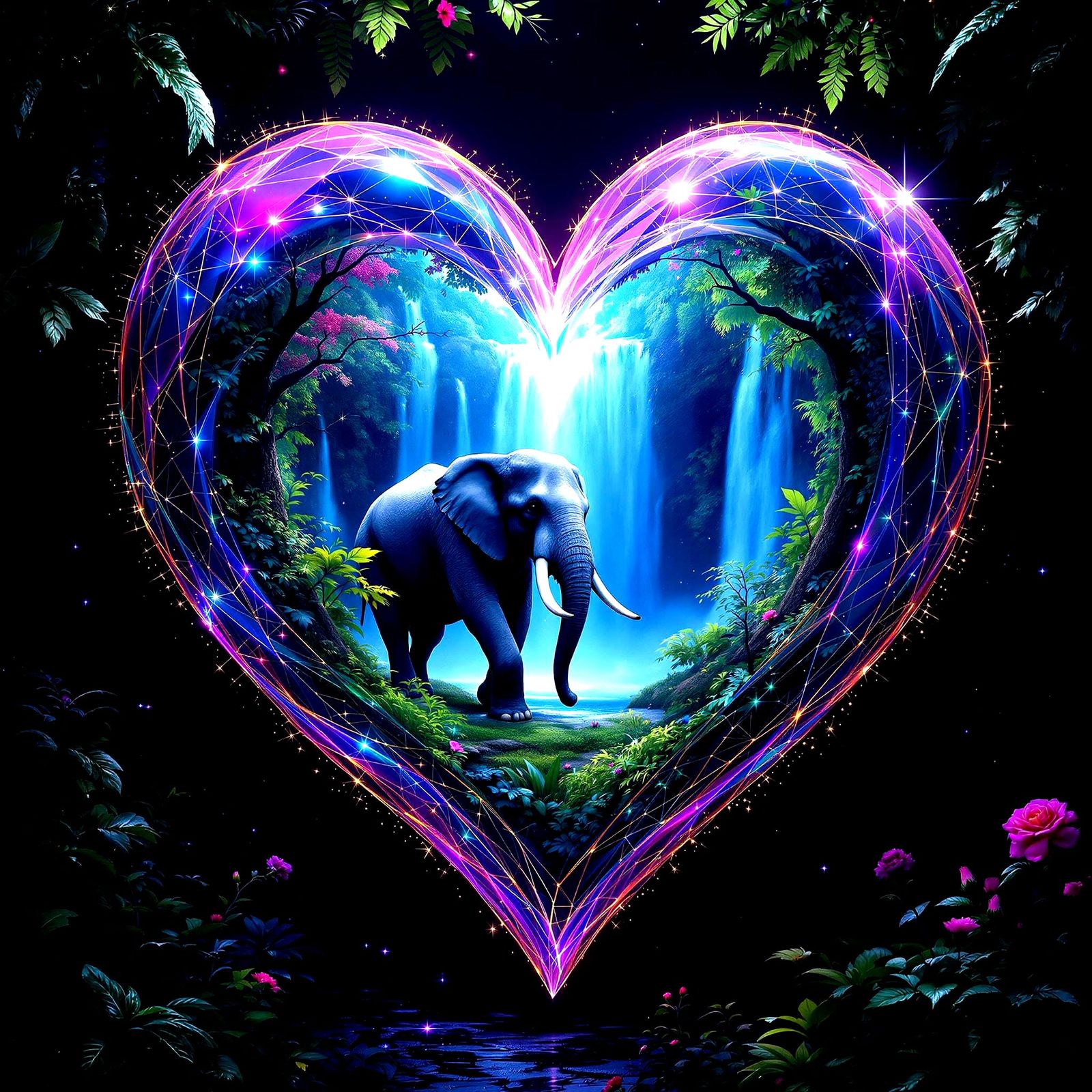 Surreal Holographic Heart Reveals Lush Jungle Waterfall