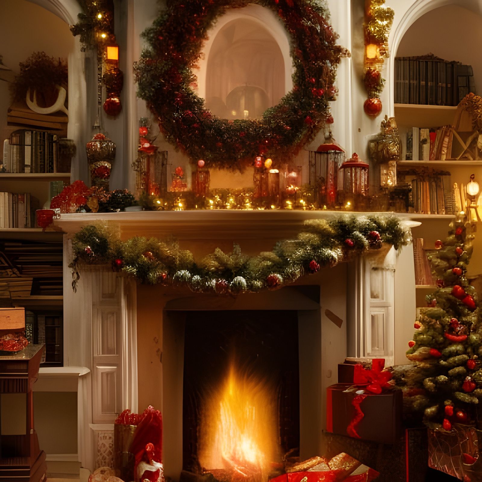 Festive Christmas Fireplace Scene in Detailed Matte Painting