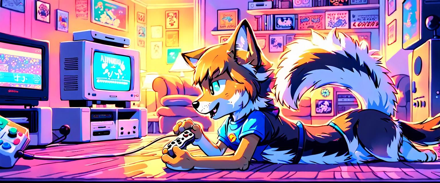 Retro Pixiv Style Anthro Dog Playing Nintendo