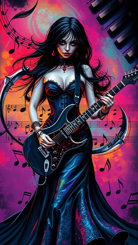 Hyper realism Sugar skull  Lady Death as a  gothic musician   musical notes  that resemble death scythe  float in the ai...