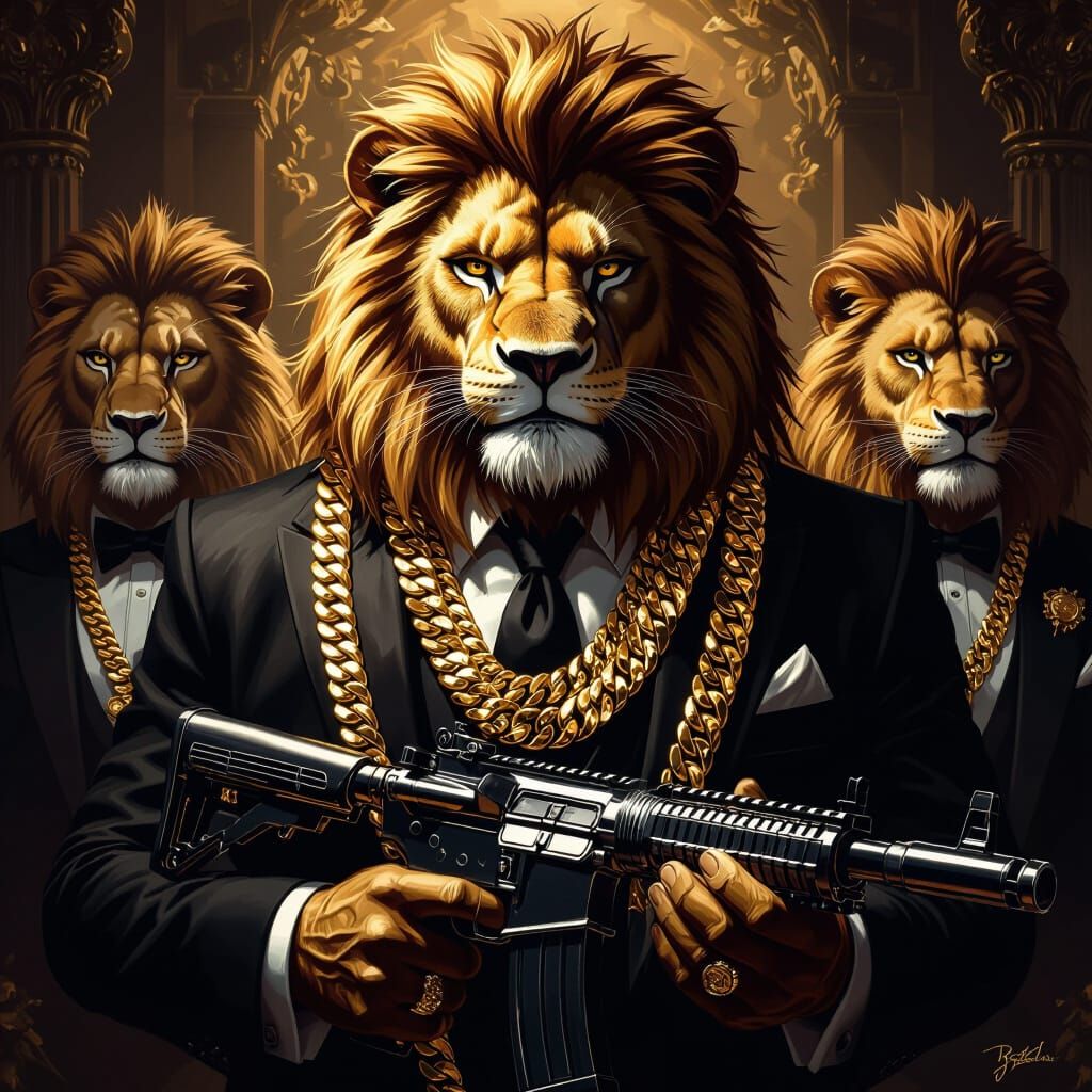 Humanoid Lion Gangsters in Opulent Suits with Machine Gun