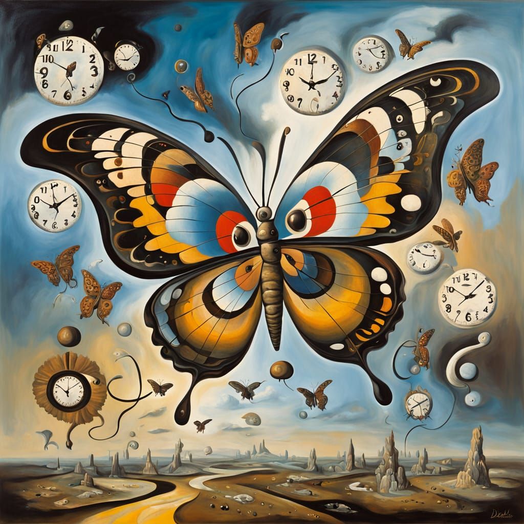 A surrealist painting of a confused butterfly