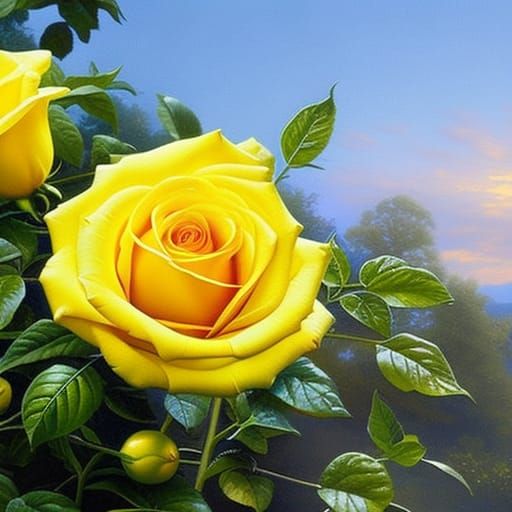 Yellow Roses in Garden, Painterly Style