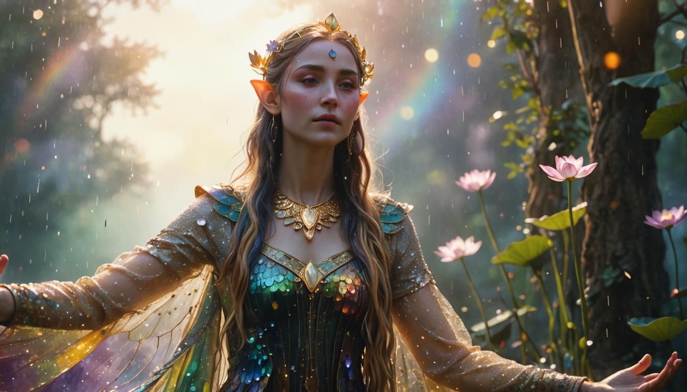 Lotus Elven Goddess in Klimt-Inspired Oil Painting