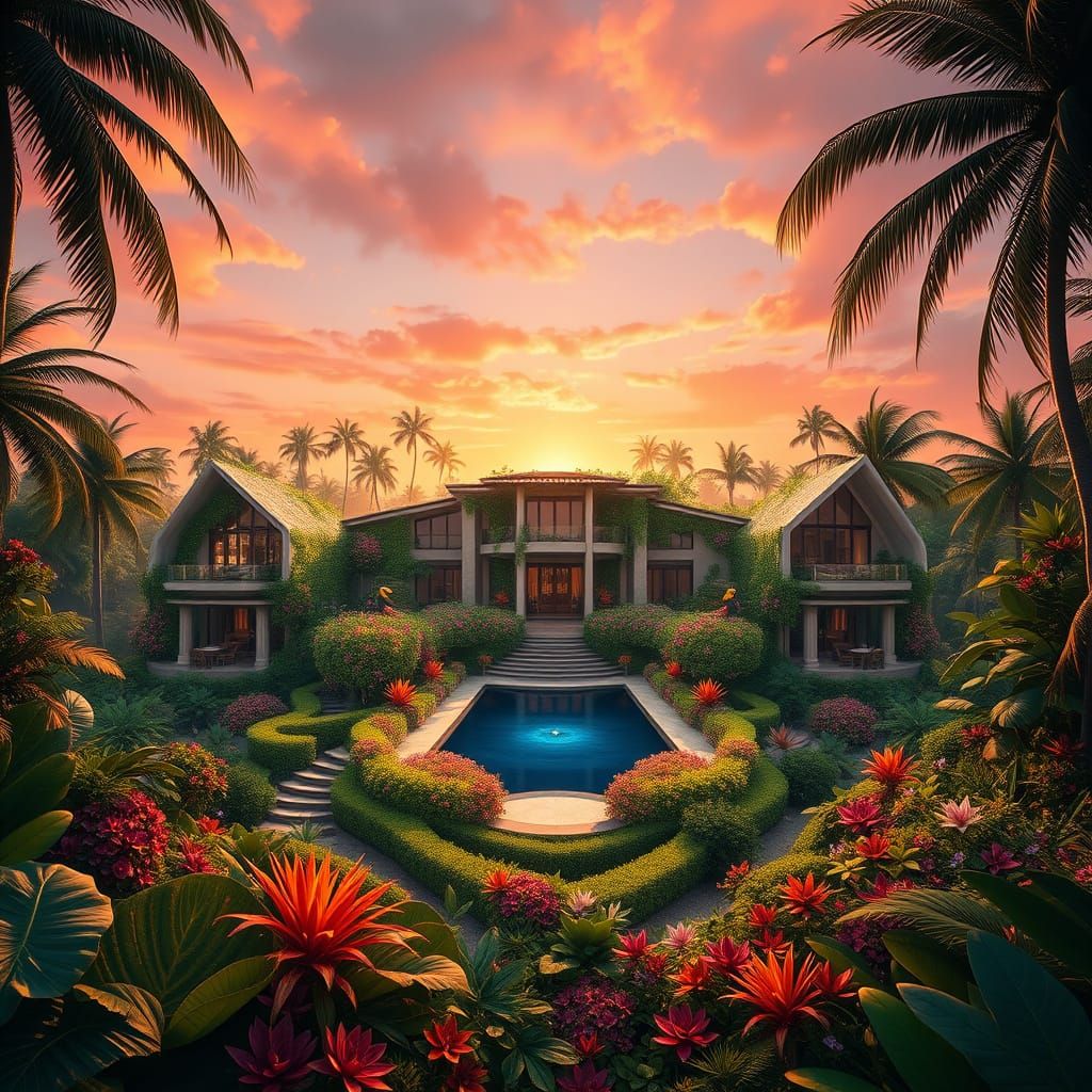 Surreal Tropical Oasis with Modern Mansion and Lush Vegetati...