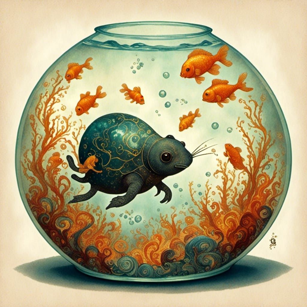 Surreal Goldfish in Fishbowl with Unsettling Atmosphere