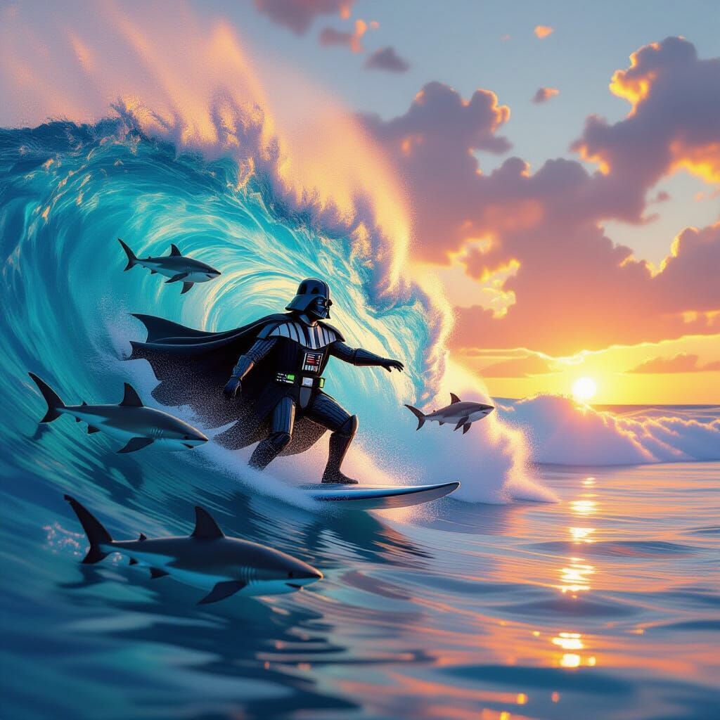 Darth Vader Surfing with Sharks at Sunset