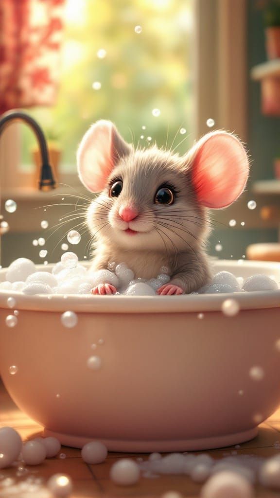 Happy Mice in 50s Style Bathroom with Cozy Bubbles