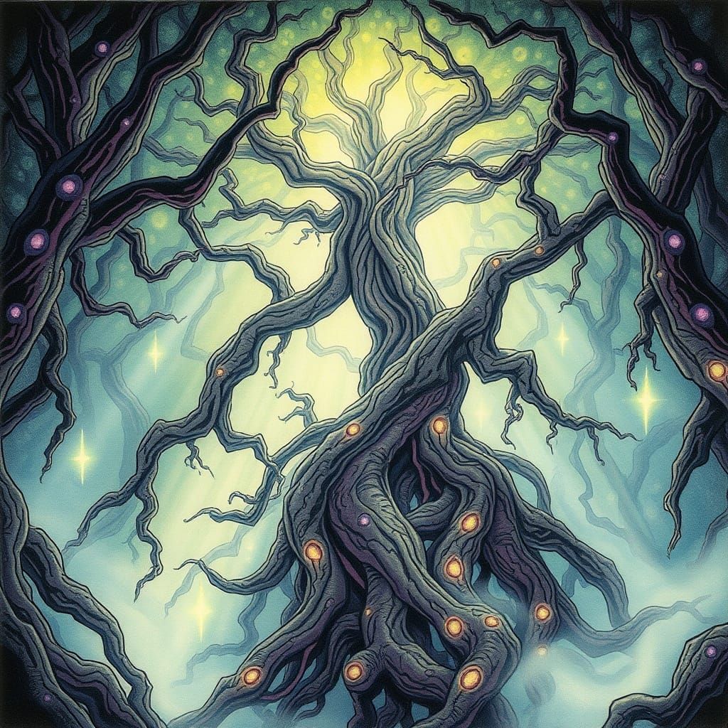 Bioluminescent Roots Under Alien Forest Canopy