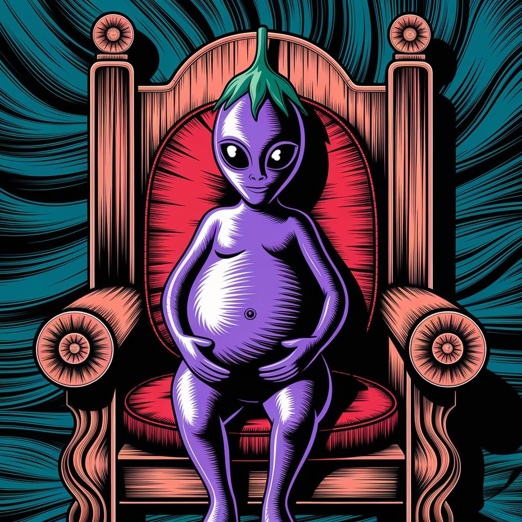 Elegant Eggplant Alien Figurine in Relief Printing Style