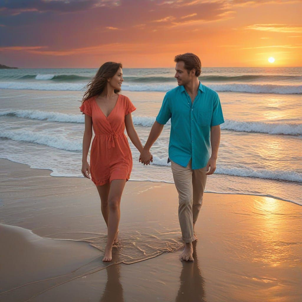 Romantic Beach Sunset Stroll: Photorealistic Masterpiece