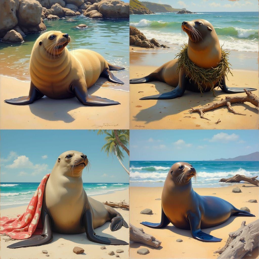 Sea Lion Sunbathing on Beach as Oil Painting